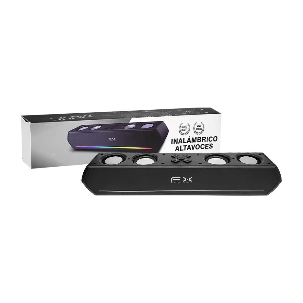 Bocina / barra de sonido rectangular con 4 altavoces estereofónicos, batería de 1500mah y placa metálica con luz rgb, variedad de colores / fx / bs-fx1119