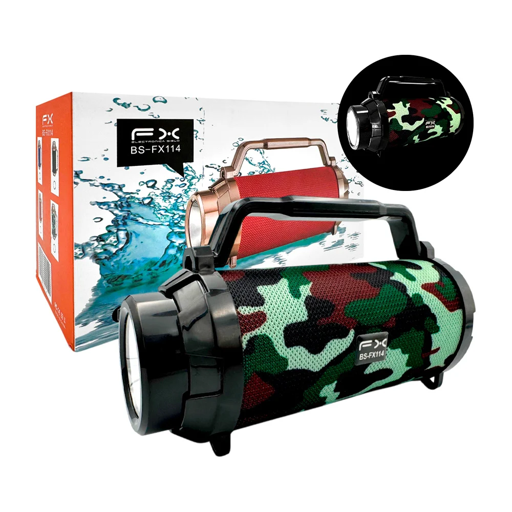 Bocina fx pequeña en forma de cilindro bluetooth, recargable con linterna, asa, entrada usb, tf, variedad de colores y diseños / bs-fx114 / electronica siglo fx