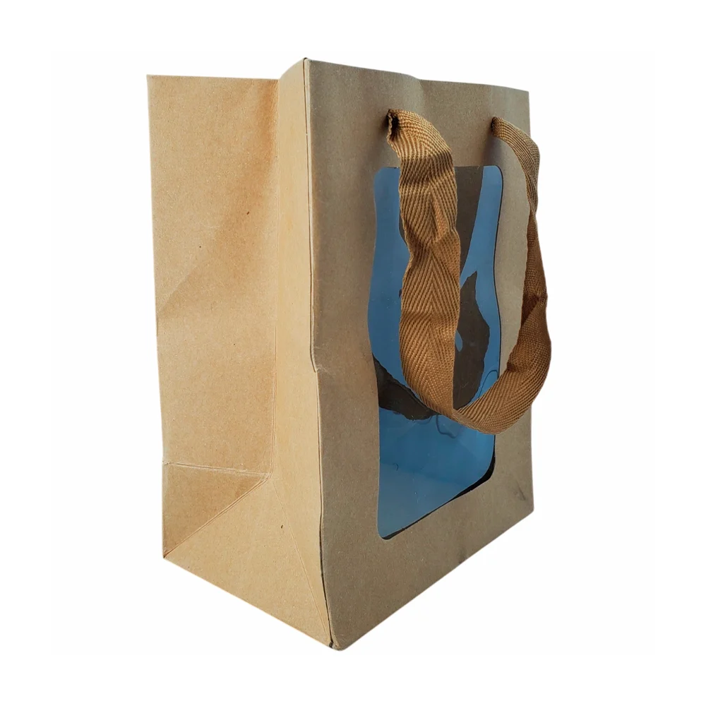 Bolsa para regalo chica de cartón lisos con ventana transparente y asa tipo listón, 10x15x20 cm aprox / bt-2307-s