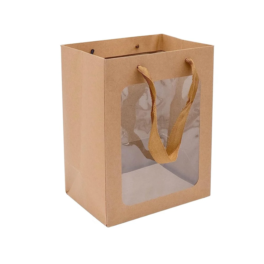 Bolsa para regalo grande de cartón lisa con ventana transparente y asa tipo listón, 16x20x30 cm aprox / bt-2307-l