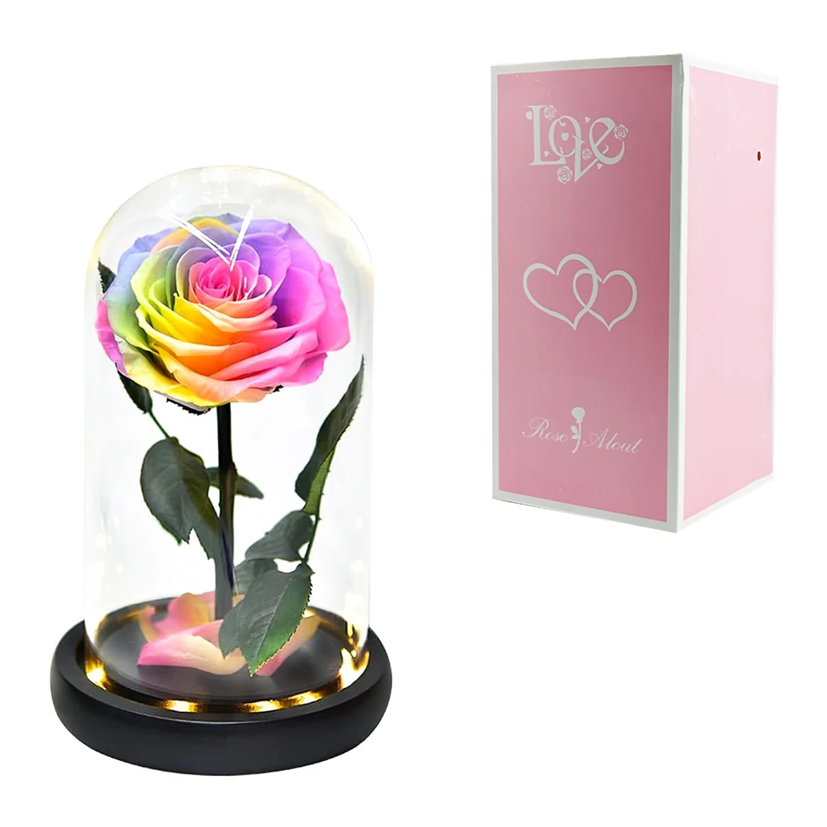 Rosa flor multicolor encapsulada decorativa con serie de luz led y pétalos en el fondo / love / rose alout