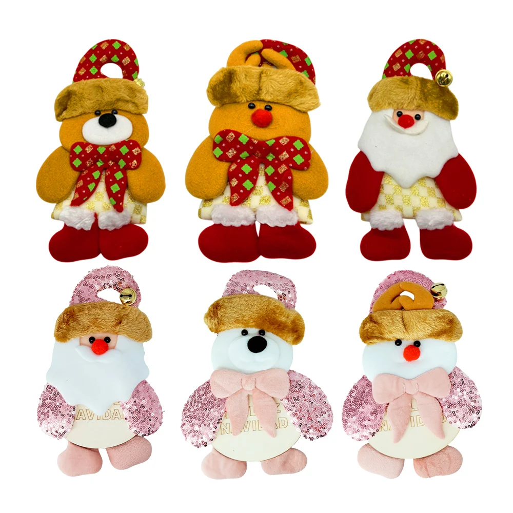 1pza Adorno colgante afelpado o de madera con diseño muñeco de nieve, oso o santa claus + detalles de lentejuela, cascabel y frase grabada de feliz navidad, variedad de diseños