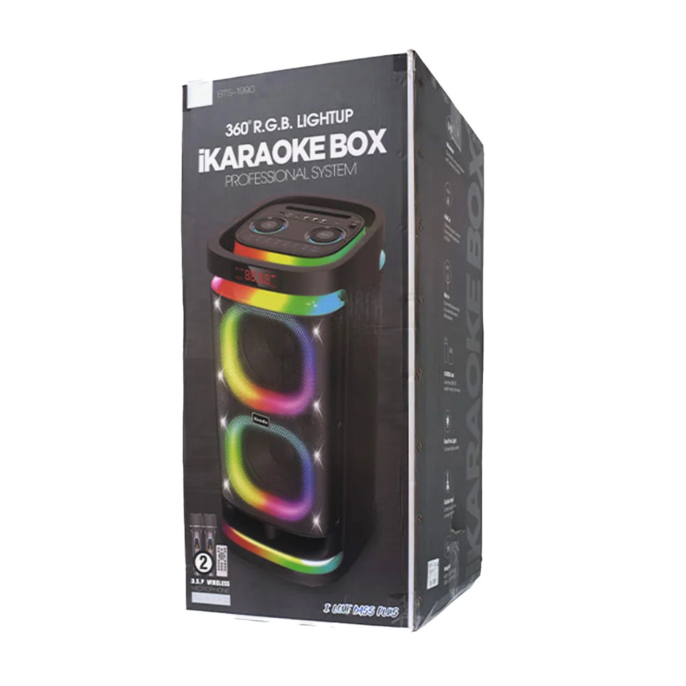 Bocina karaoke bluetooth grande con luz rgb + 2 micrófonos y control remoto / bts-1990