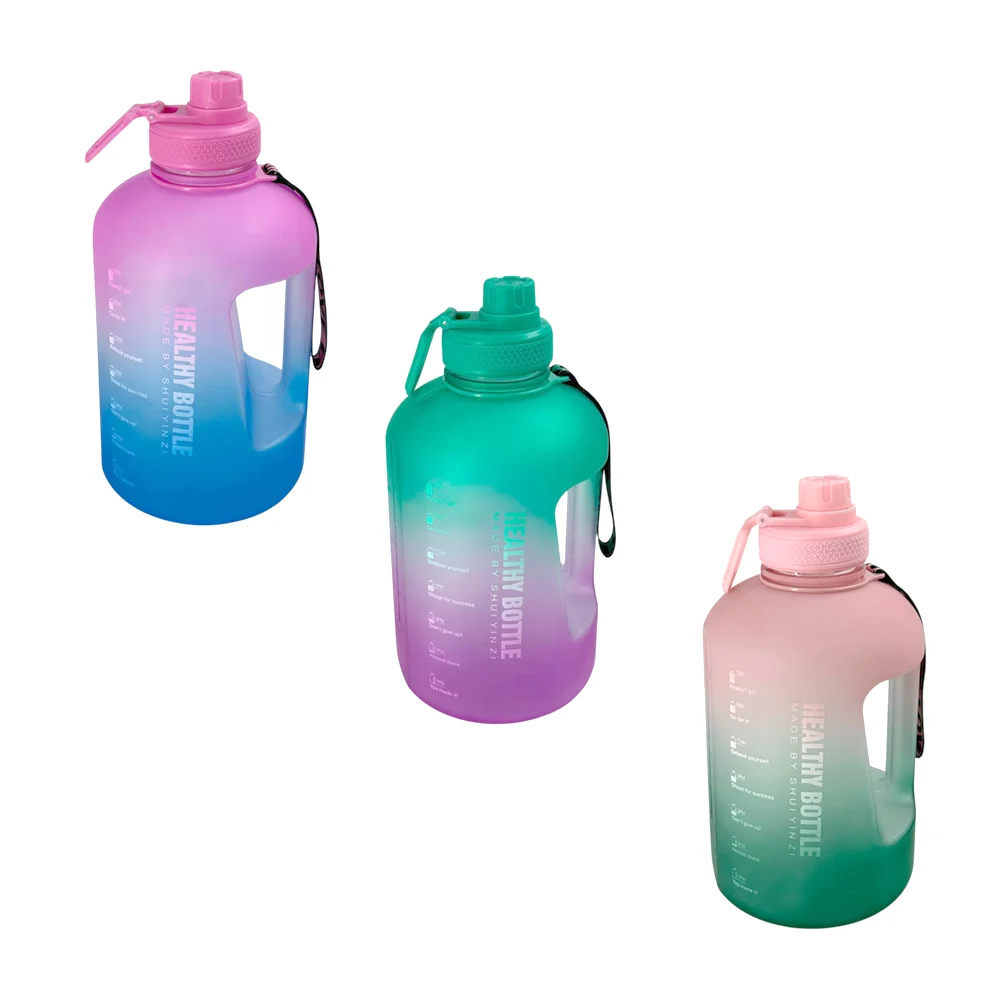 Botella motivacional grande, bicolor, con agarradera y listón estampado con frase, variedad de colores / bz603