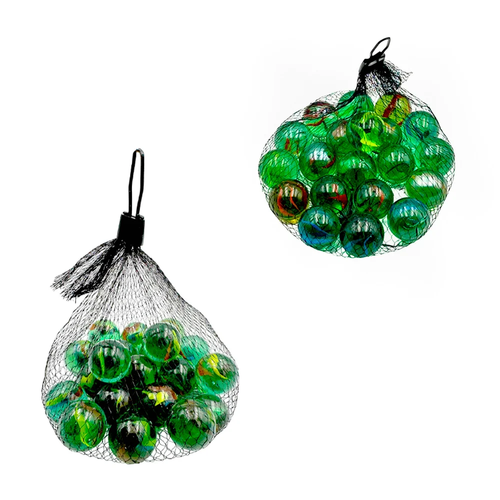 Bolsa tipo costal de malla con 20 canicas grandes transparentes / c2048 / c2047
