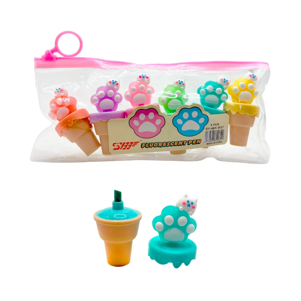 Estuche transparente con 6 mini marcatextos con forma de cono y figura de gatito y pata de gatito, variedad de colores / fluorescent pen / sy-661-a07 / c398