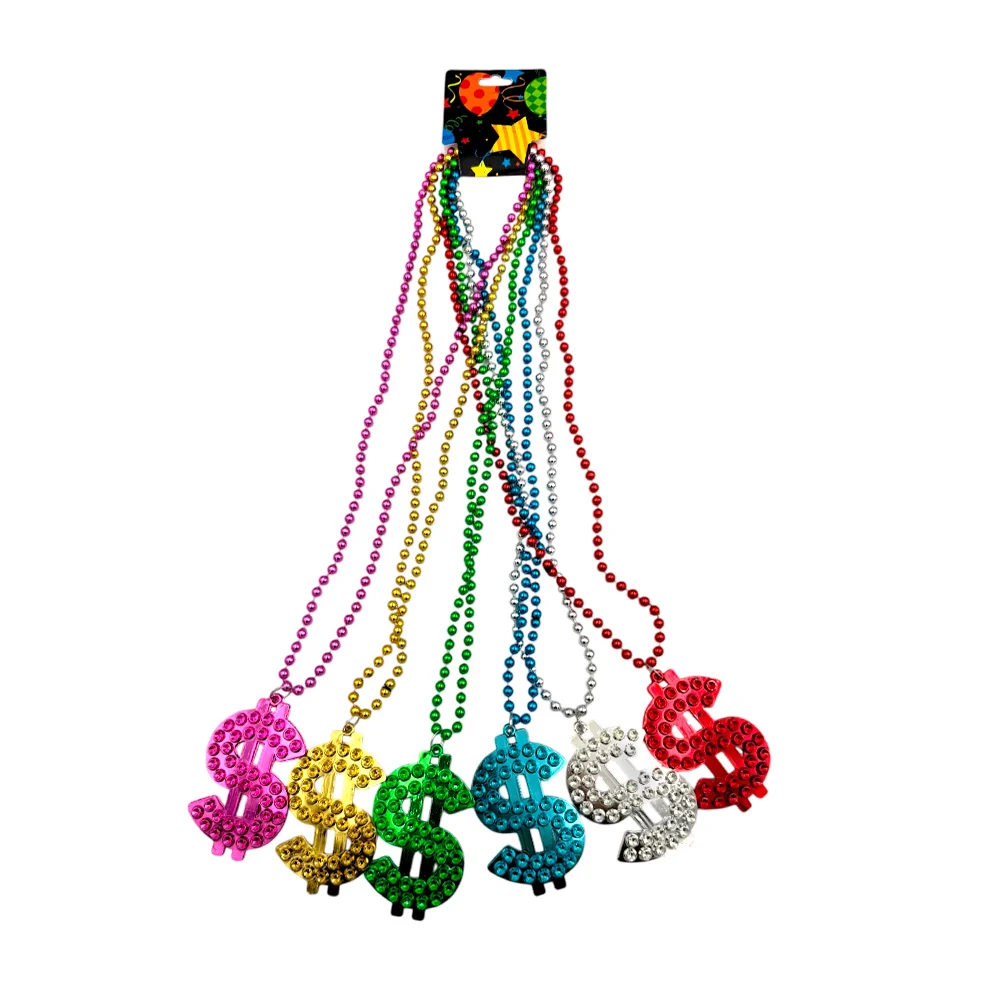 Paquete con 6 collares de bolitas con forma de dólar - dinero para fiestas, variedad de colores metálicos / c6492