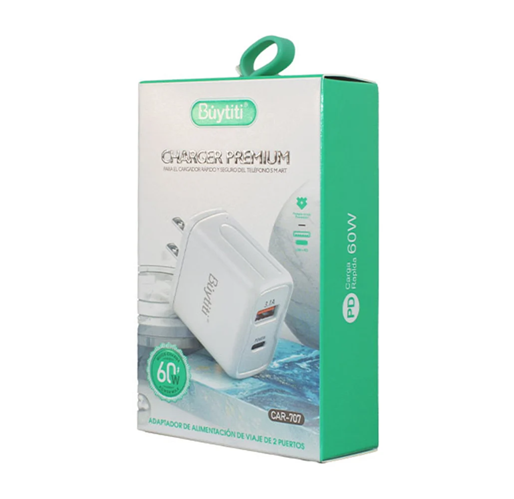 Cubo cargador buytiti de carga rápida con puerto usb y usb-c, 60w / car-707