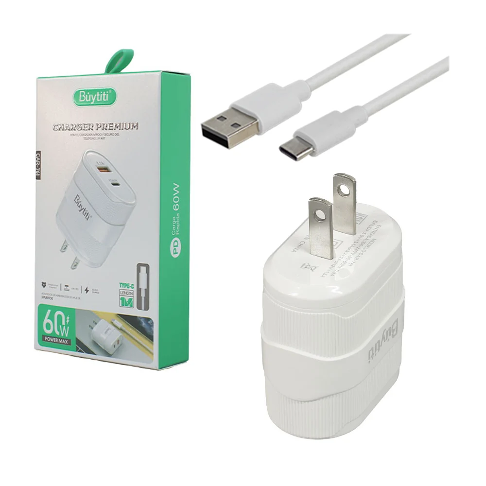 Combo cargador buytiti con cable tipo c, carga rápida de 30w, usb 3.1a / car-761