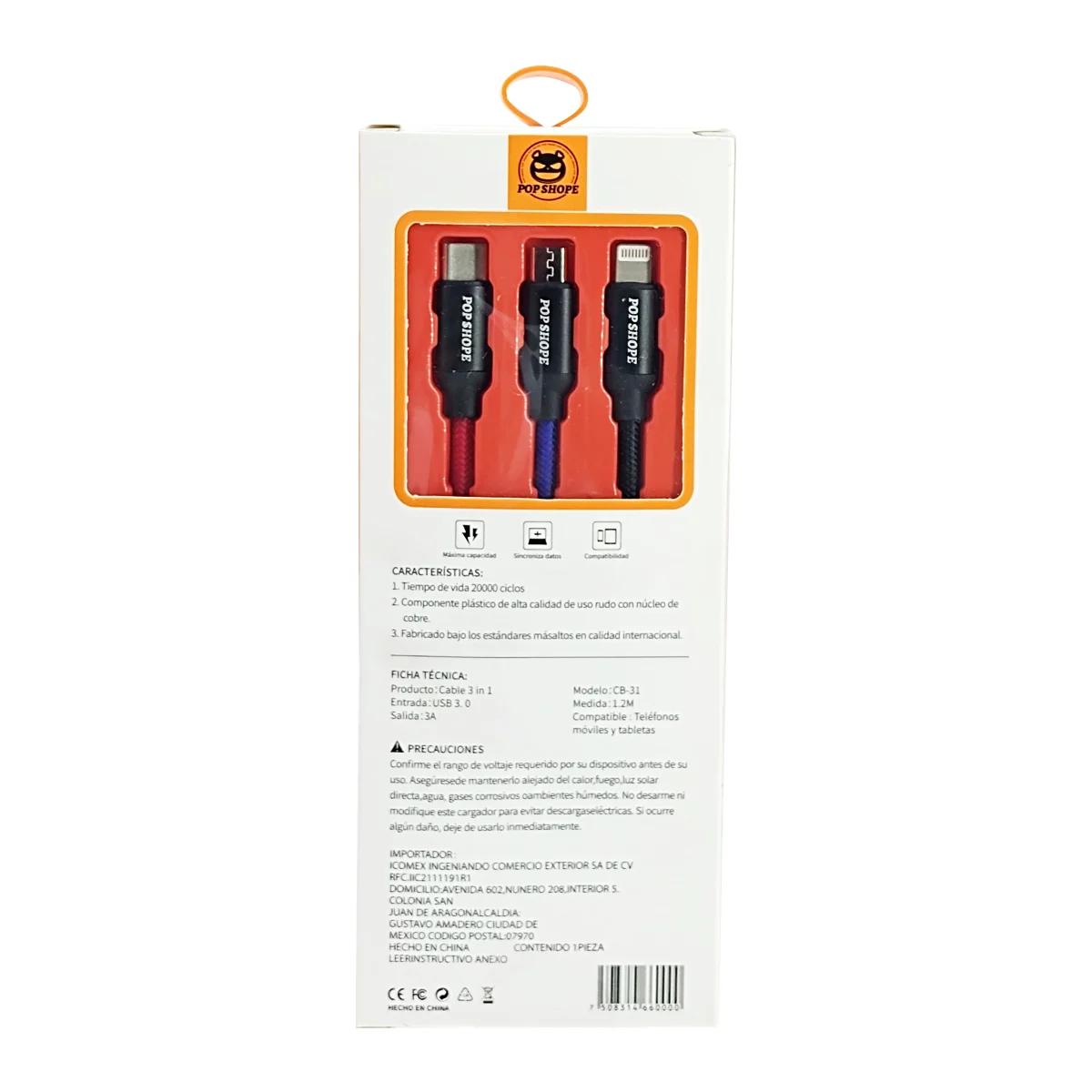 Cable 3 en 1 multifuncional con entrada tipo c, v8 y lightning, 1.2m / 3 in 1 / pop shope / cb-31