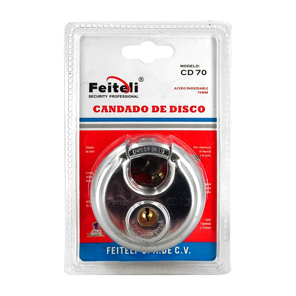 Candado de disco, 70mm de acero inoxidable, uso rudo resistente al corte e impactos, anticorrosión + juego de llaves / cd70 / cd070