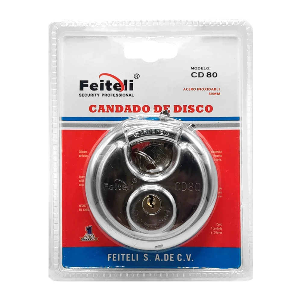 Candado de disco, 80mm de acero inoxidable, uso rudo resistente al corte e impactos, anticorrosión + juego de llaves / cd80