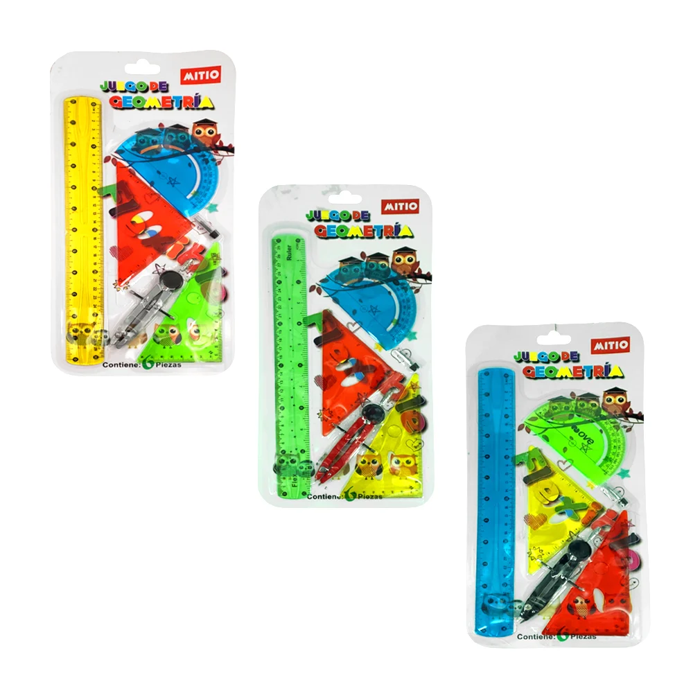 Juego de geometría flexible con 6 piezas, 1 regla 30cm, 2 escuadras de 45°-60° transportador 180°, compás y puntillas de repuesto, variedad de colores / cf0124 / mitio / cf0121