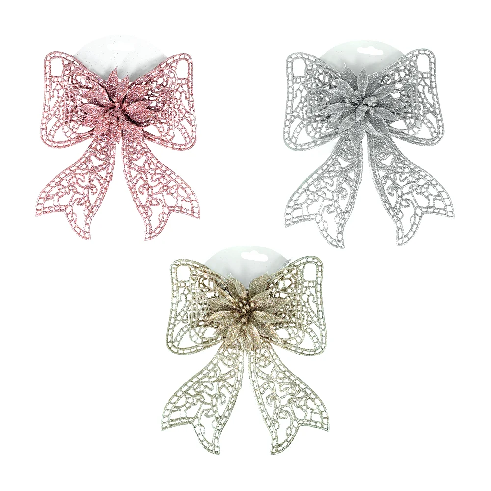 1pza Moño doble navideño mediano con diamantina, flor noche buena y broche, 22cm, variedad de colores