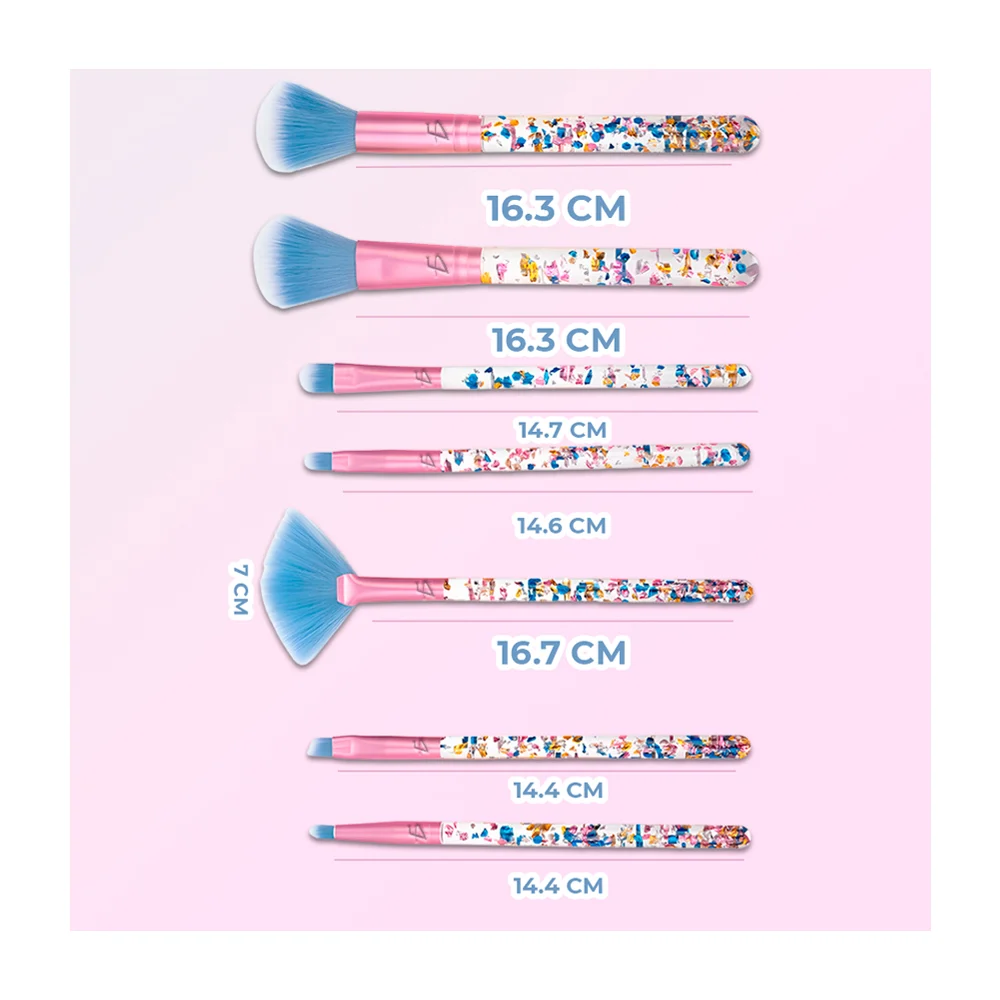 Paquete con 7 brochas para maquillaje de diferentes modelos, con mango efecto glitter, variedad de colores / cos.12