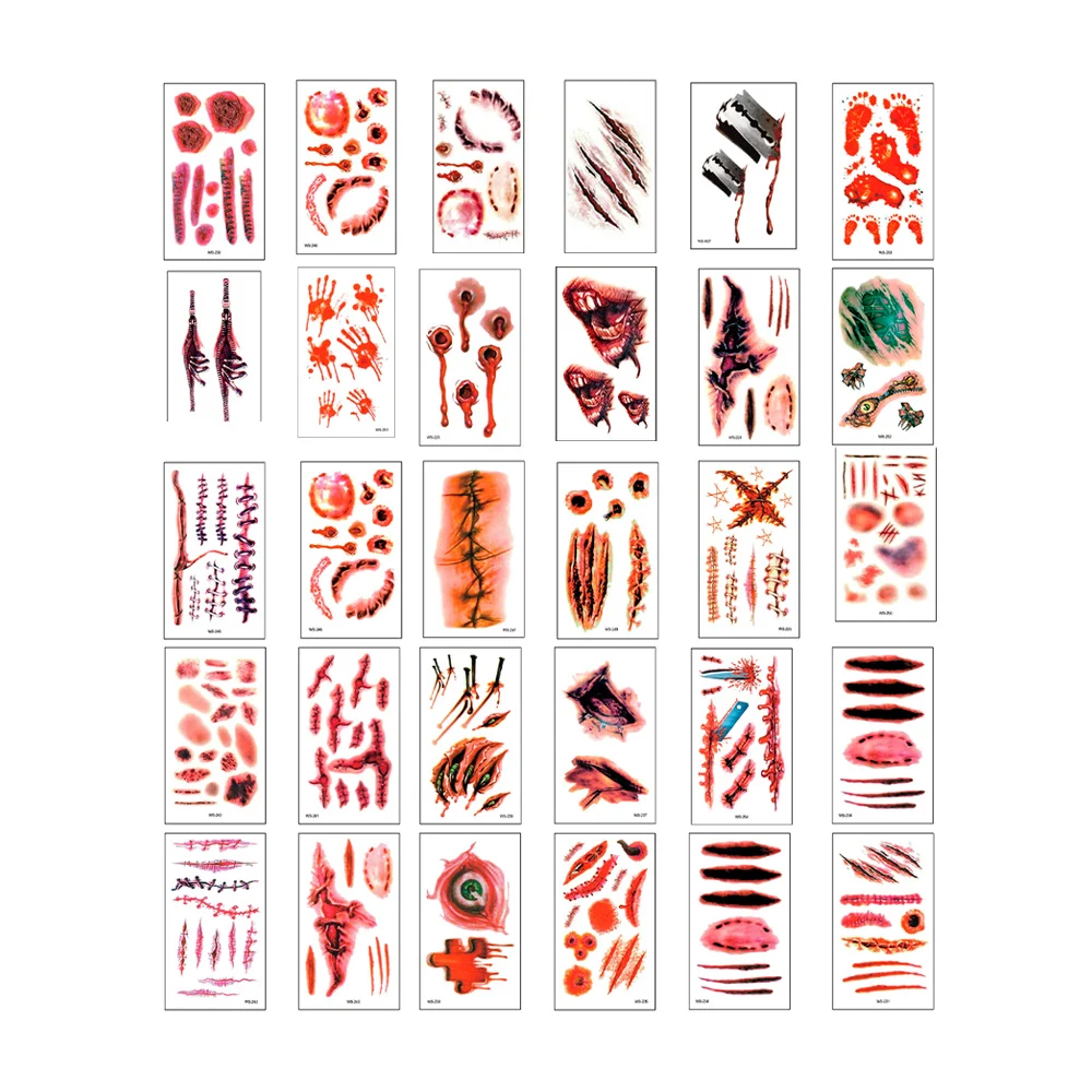Paquete con 30 plantillas de tatuajes temporales corporales con diseño de heridas 6x10.5cm, variedad de modelos / ws-225