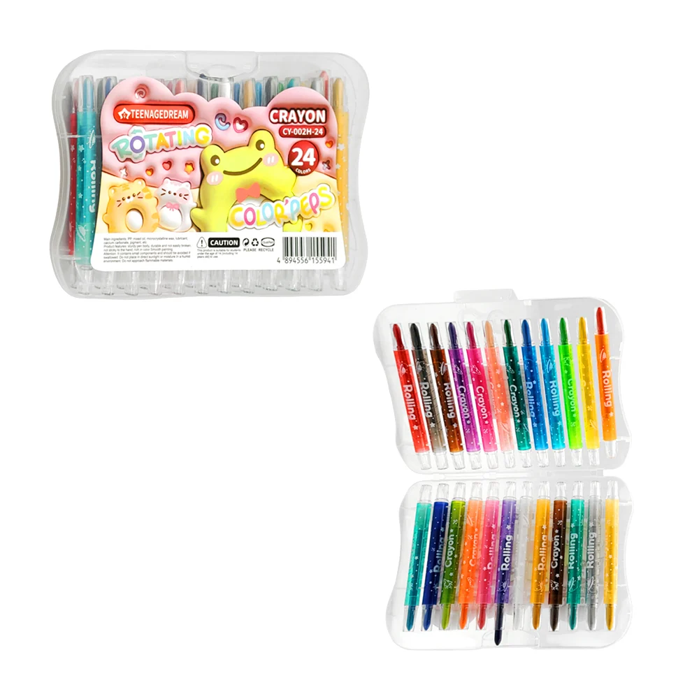 1pza Estuche transparente con 24 crayones infantiles rotativos, variedad de colores / rotating / cy-002h-24 / color peps
