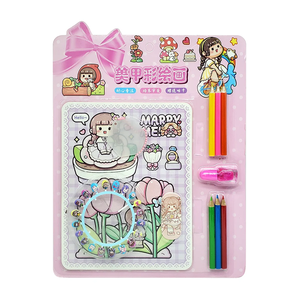 Set para niñas incluye dibujos, colores, llavero colgante transparente + uñas postizas, esmalte y lima pequeño, con diseño personajes kawaii, variedad de modelos / chb / q-jh3418