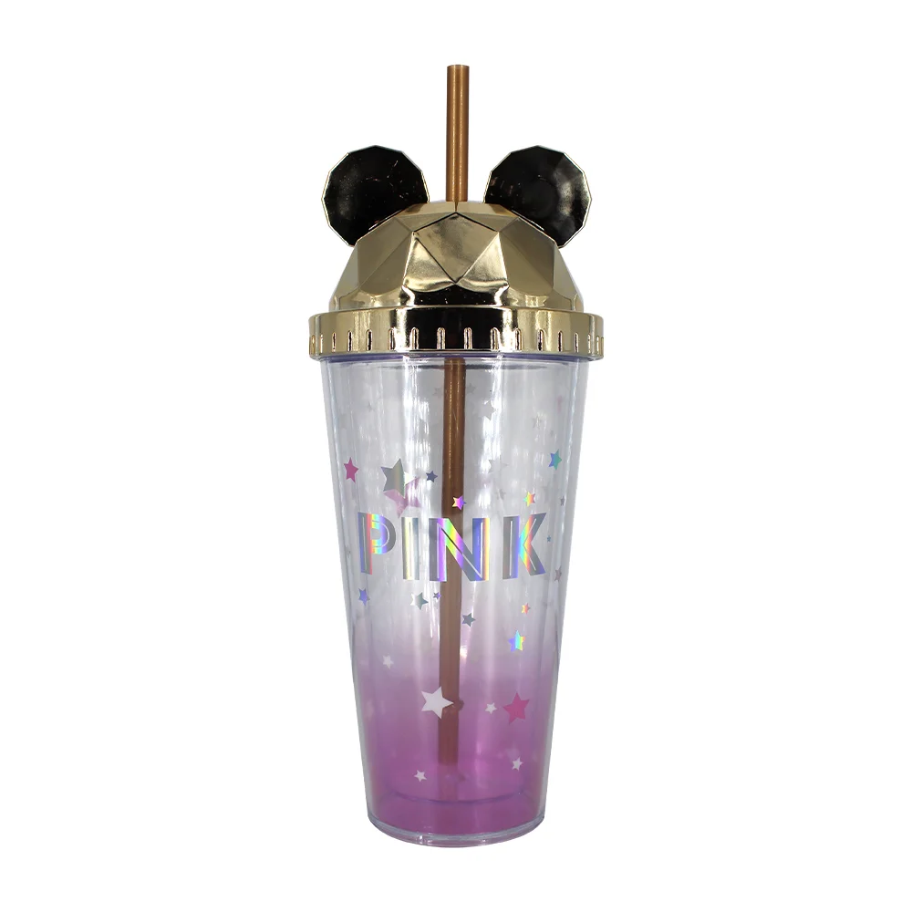 Vaso de acrílico + tapa con diseño de orejitas y popote, variedad de colores / dj1640 / zj-088
