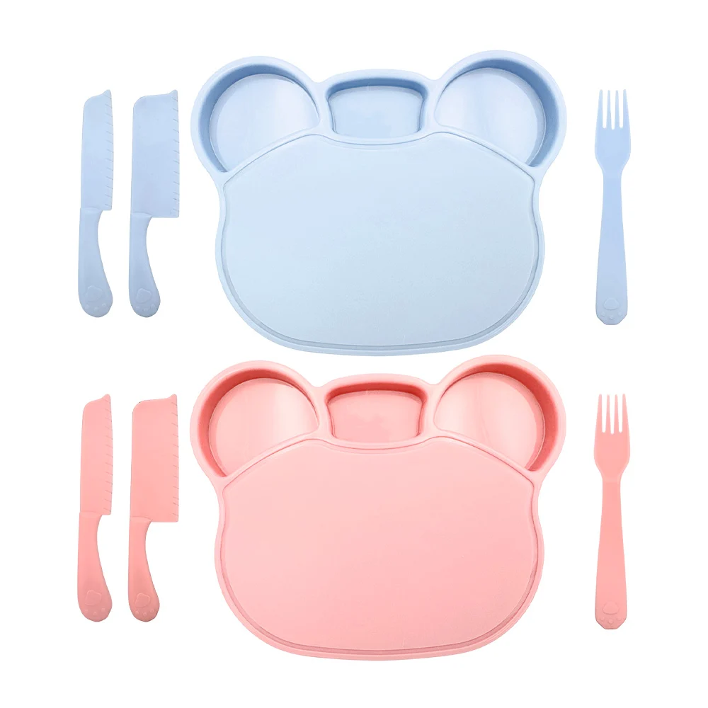 Plato plano de plástico infantil en forma de oso con tenedor y cuchillos de plástico, variedad de colores / kitchen supplies