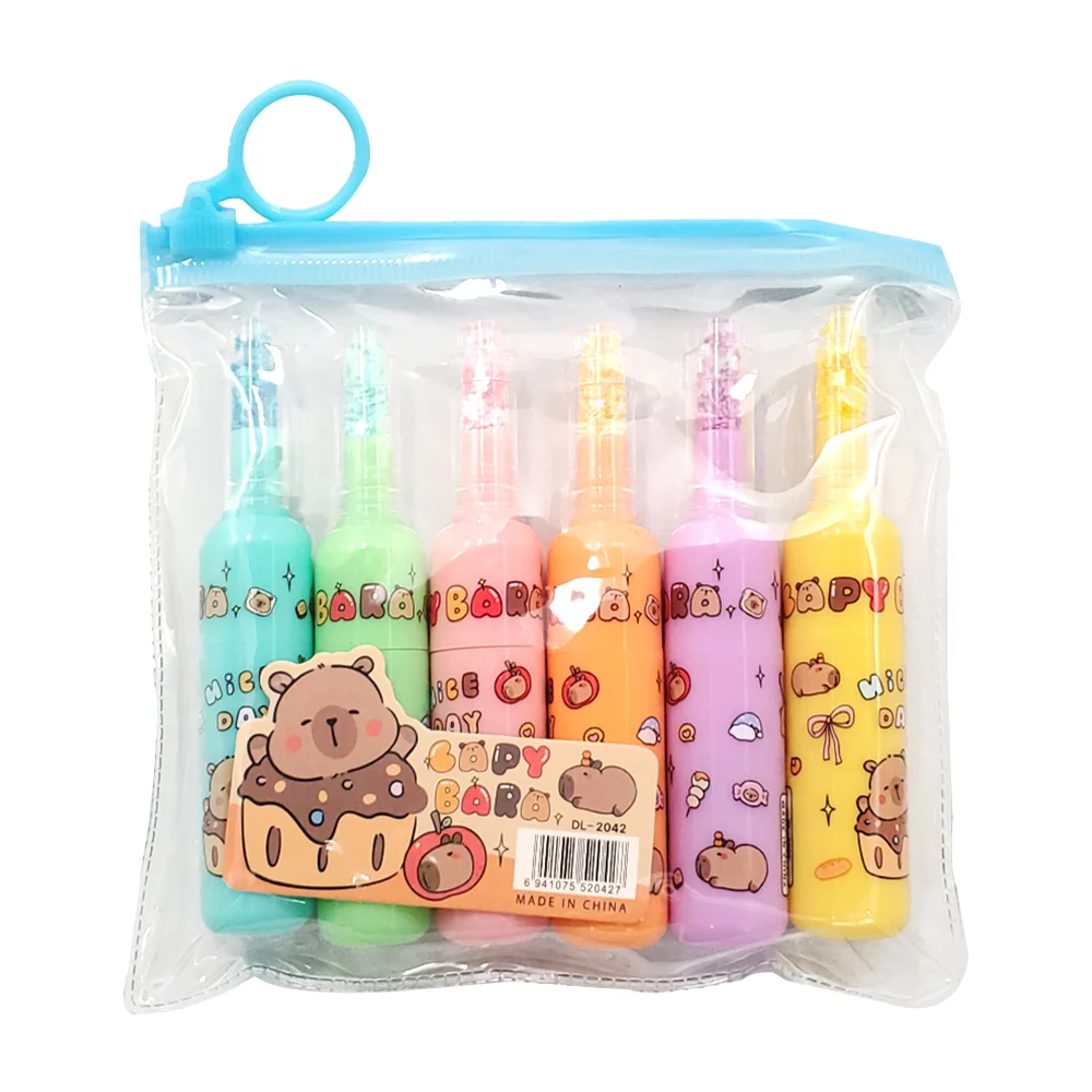 Blíster de 6 mini marcatextos de colores con diseño de botellita y estampado de capibara / dl-2042 / c418-2-255
