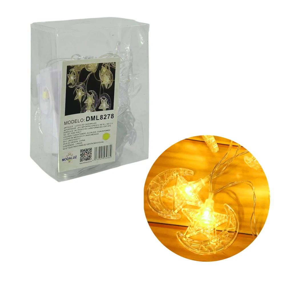 Serie de cable transparente con luz cálida + colgantes en forma de lunas con estrellas, 2.5m / dml8278