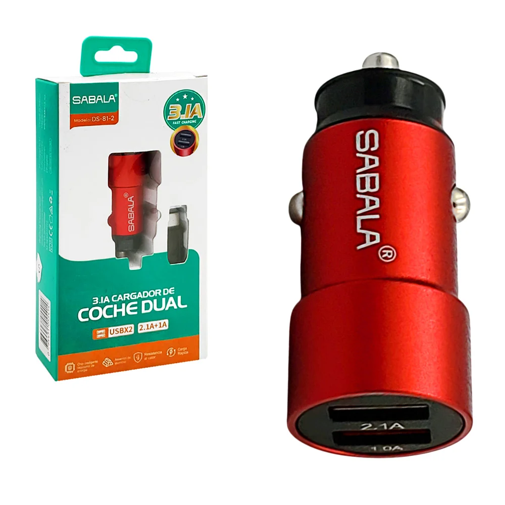 1pza Cargador de coche sabala, con 2 puertos usb y cable tipo c, color rojo, variedad de funciones / sabala / coche dual