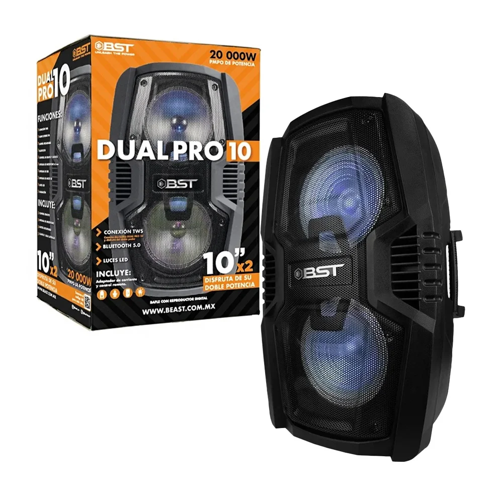 Baffle de 10"x2 luz rgb conexión bluetooth, usb, tf, auxiliar y entrada para micrófono / dualpro10 / bocina beast / bst