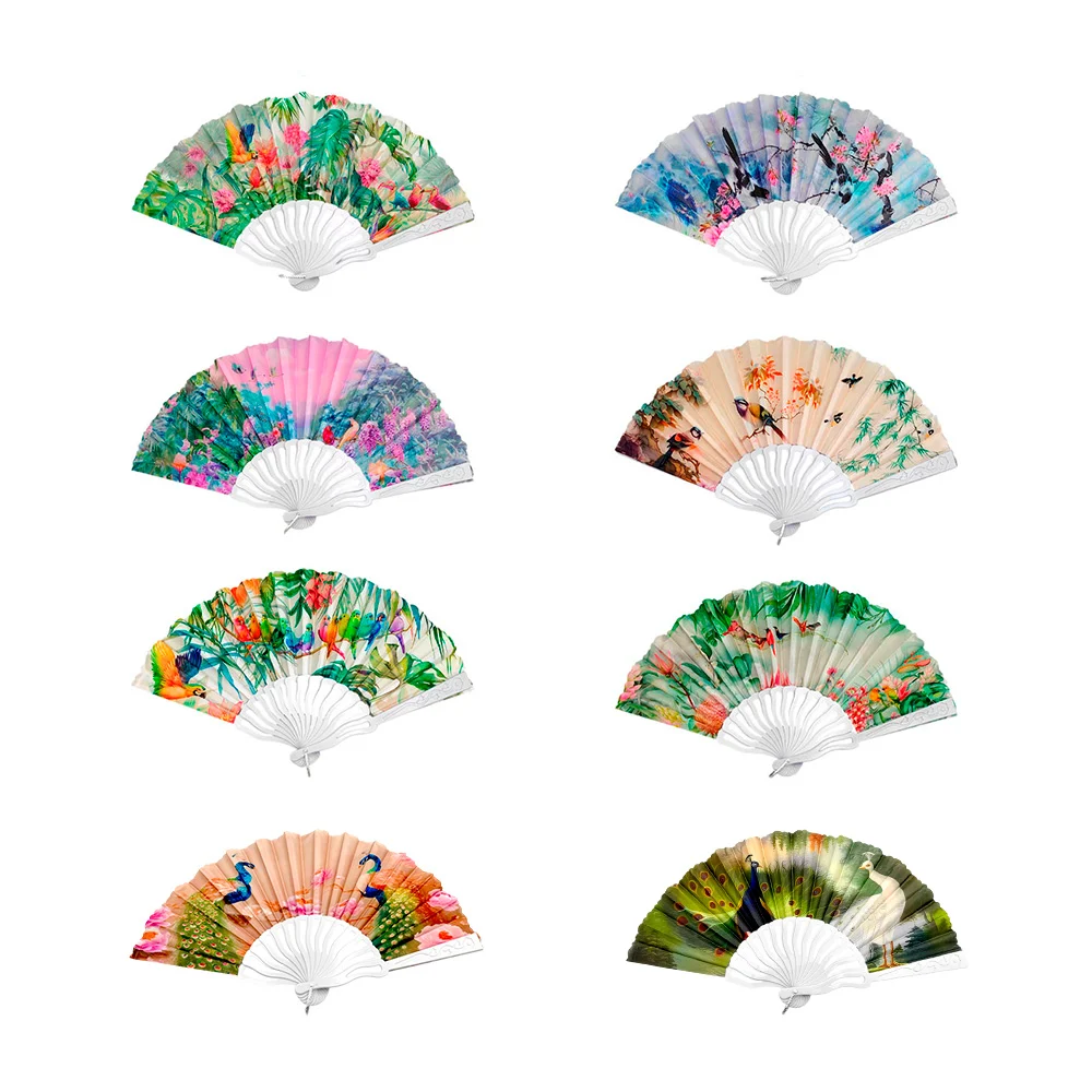 1pza Abanico con diseño de paisajes con aves y mango de plástico, con orificios y grabado de flor, variedad de diseños / e5257 / e5249 / e5251