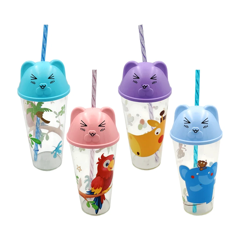 1pza Vaso de plástico con estampado, tapadera en forma de gato kawaii y hoyuelo para popotes, variedad de colores y estampados / e6443 / 500ml
