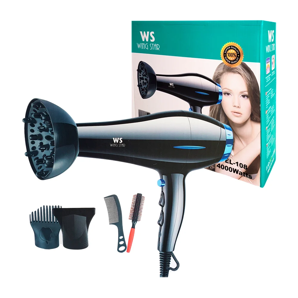 Secadora alámbrica wing star con 3 cabezales intercambiables, 1 peine y 1 cepillo circular para cabello, 4000 watts / el-108