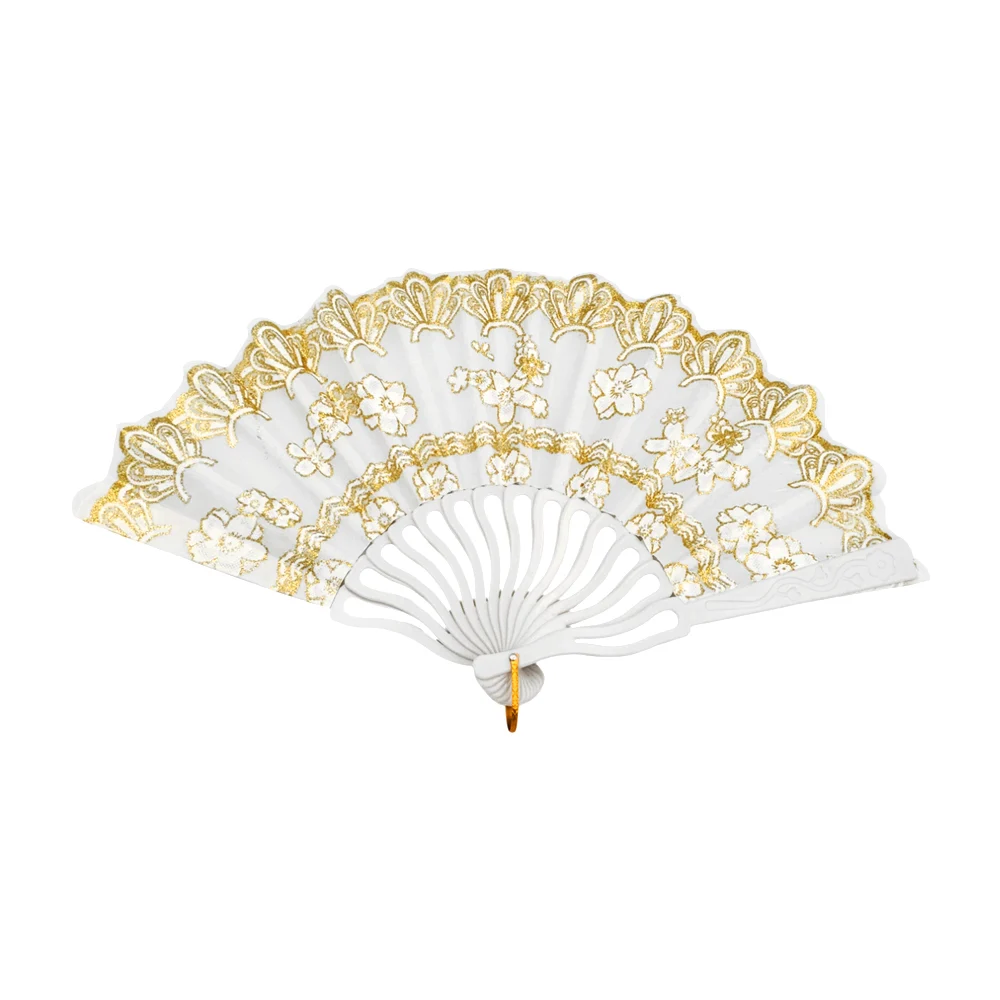 1pza Abanico de plástico con mango ondulado, estampado de flores doradas 23cm, color blanco / e5234