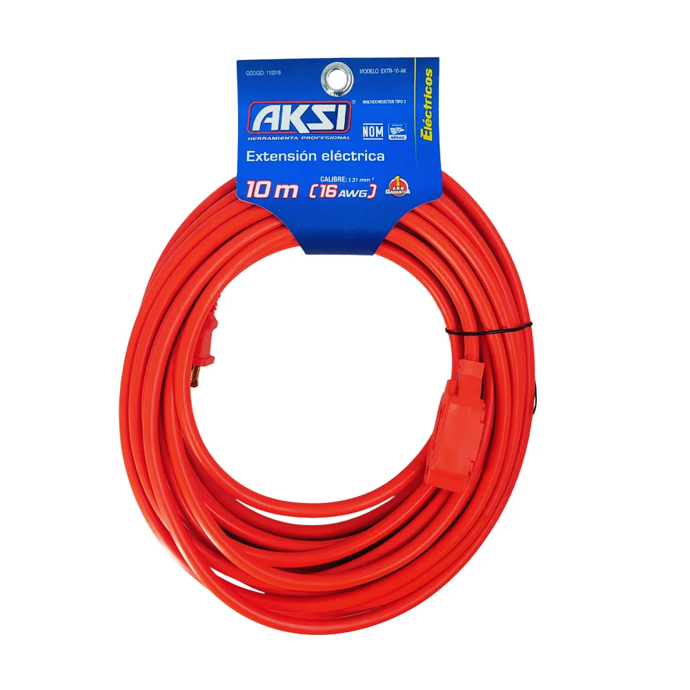 Extensión naranja eléctrica aksi de uso rudo con 3 contactos y 10 metros de longitud / extr-10-ak