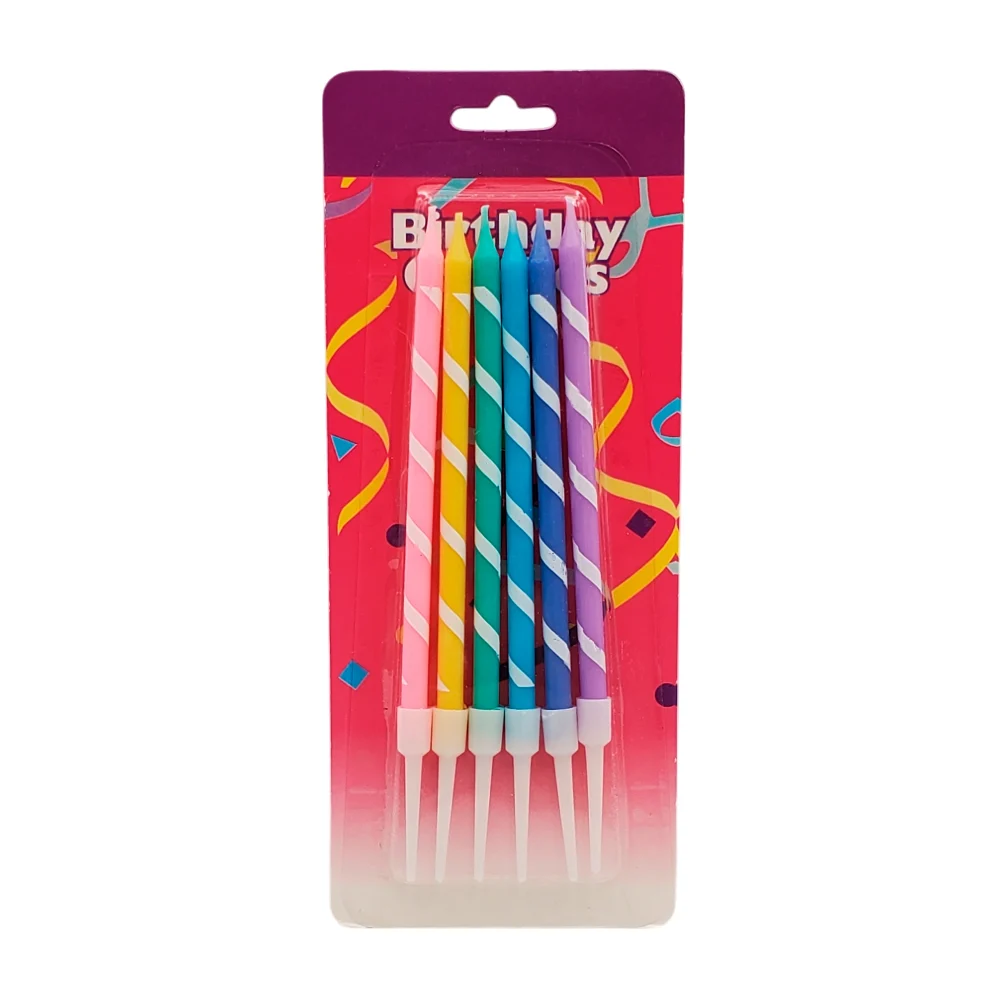Blíster 6 velas de colores con diseño espiral para cumpleaños, 10.5cm / happy birthday / 800240