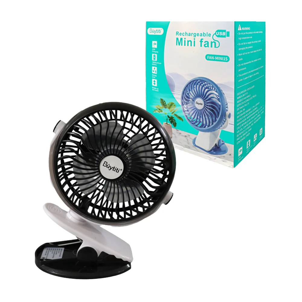 Ventilador portátil recargable buytiti con 4 aspas y base tipo clip para escritorio, variedad de colores / fan-mini15