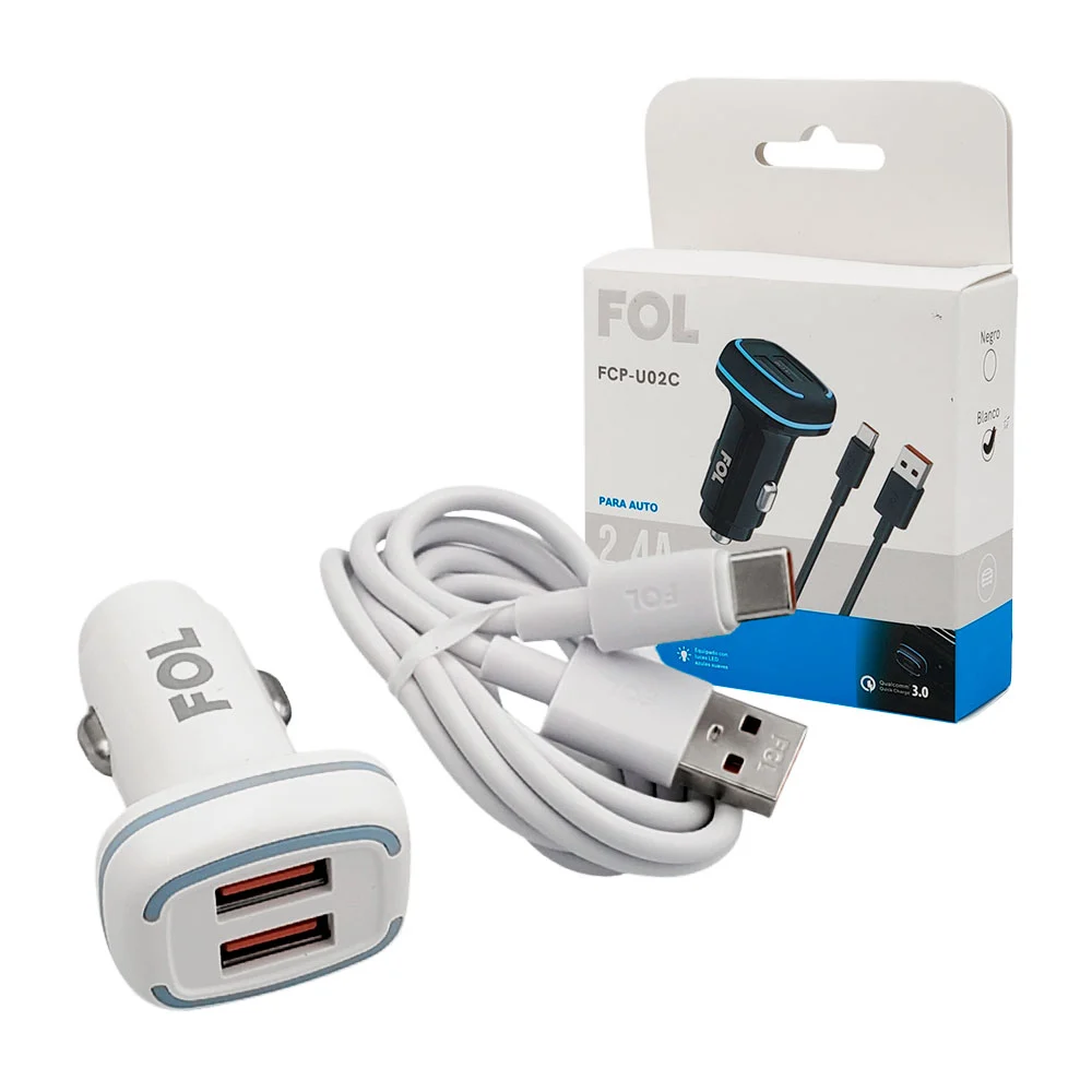 Cargador fol para coche con 2 puertos usb y cable usb a tipo c, 2.4a / fcp-u02c