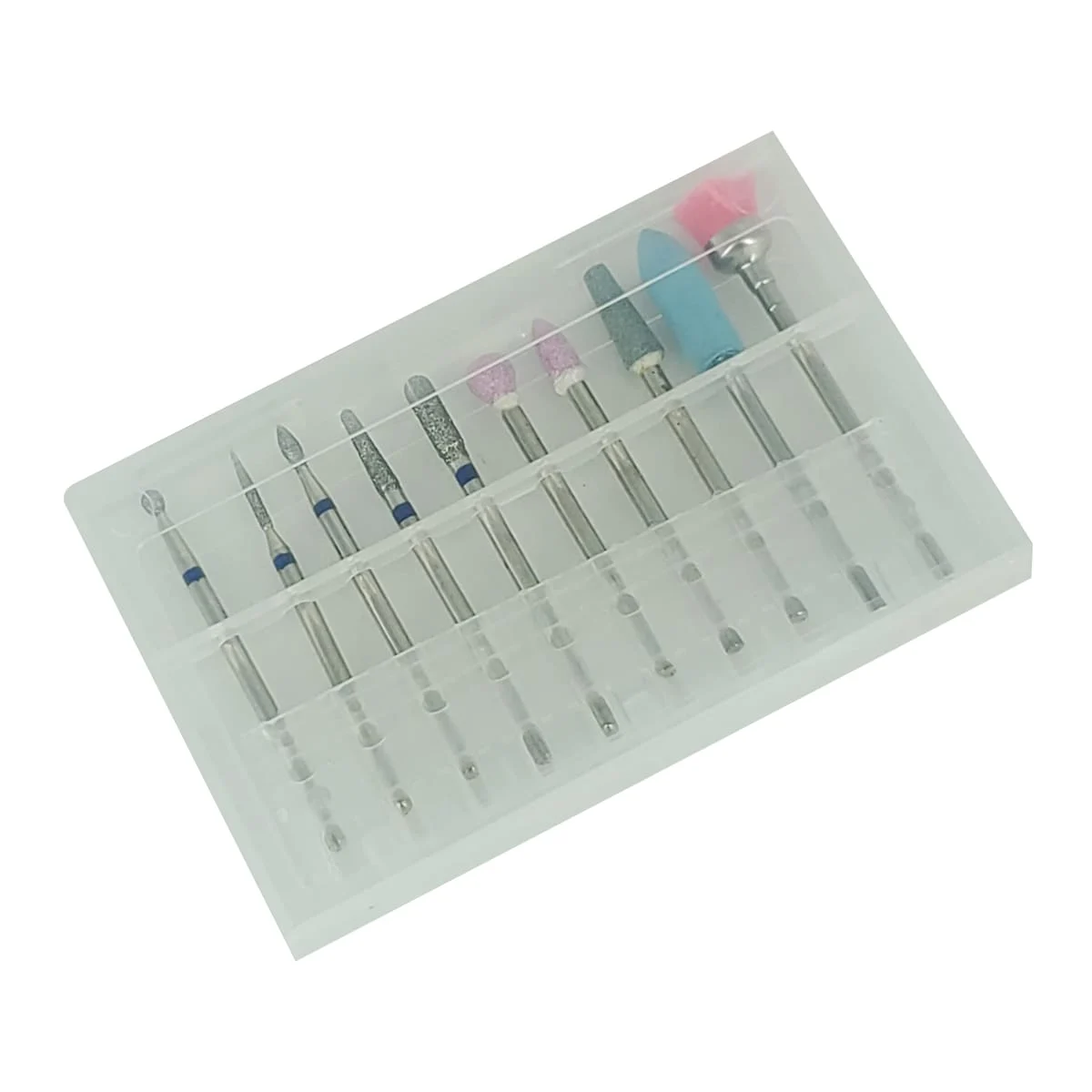 Estuche de plástico transparente con 10 cabezales de acero inoxidable para el cuidado y mantenimiento de las uñas / ff0010