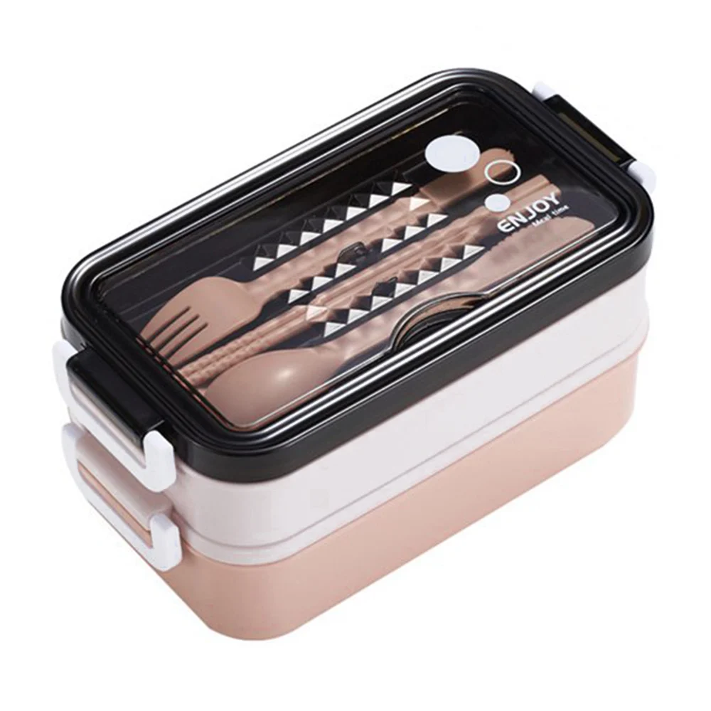 Tupper rectangular de plástico lunch box con 2 niveles, cubiertos y 3 compartimentos, variedad de colores / enjoy meal time / fh-009