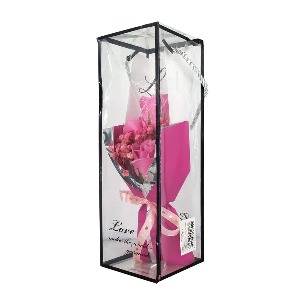 Estuche rectangular transparente con ramo de 3 rosas artificiales con frase love, variedad de colores / love makes the world go round / fla-bb-05