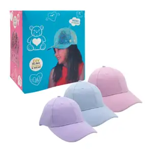 Caja con 3 gorras lisas sencillas y sticker para decorarlas, variedad…