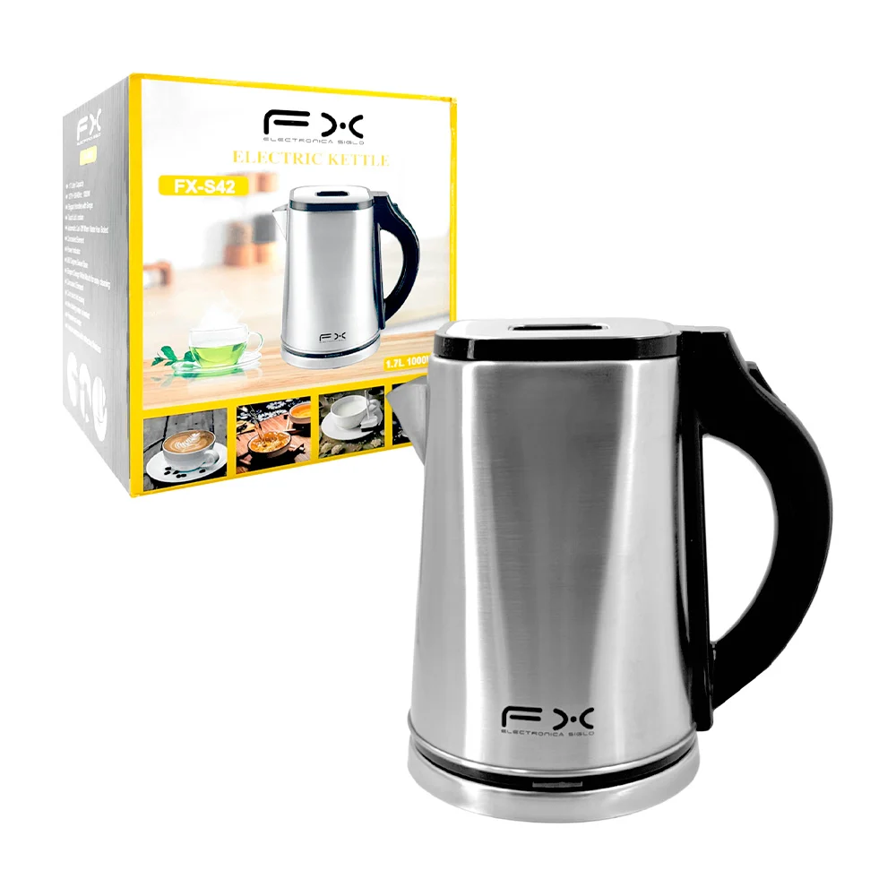 Hervidor - tetera eléctrica de acero inoxidable con capacidad de 1.7 litros, apagado automático y base circular de alimentación, 1000w / fx-s42 / electric kettle / fx