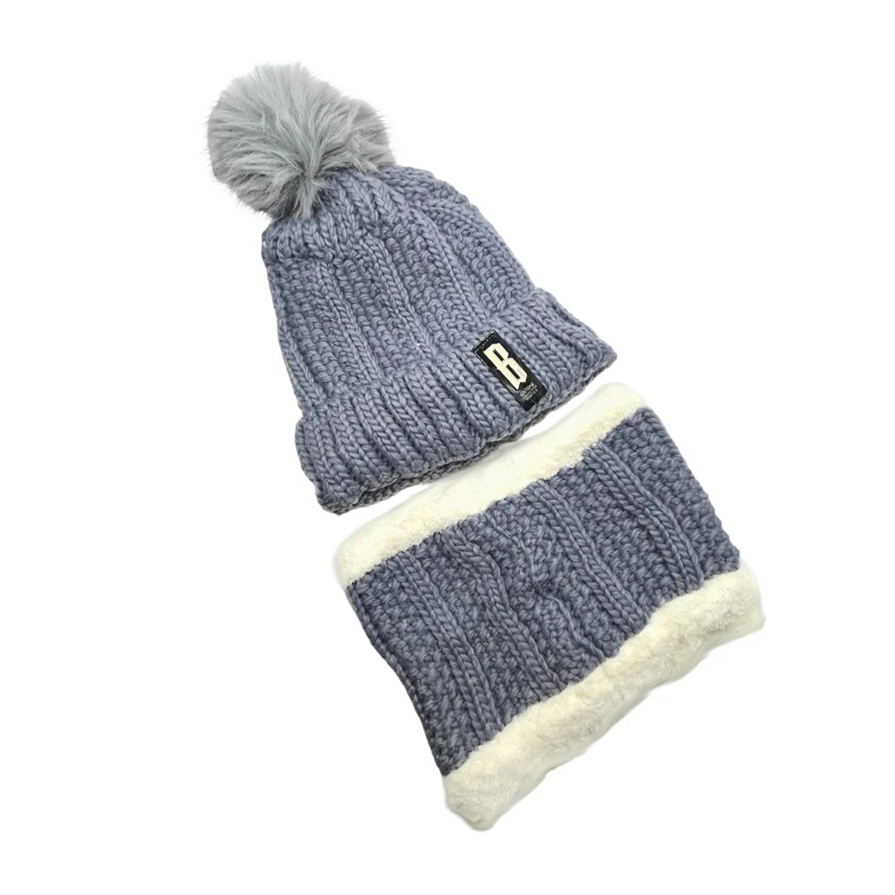 Juego de gorro y bufanda tipo collarin con diseño tejido + borrega y logo placa en forma de letra b, variedad de colores / fz237