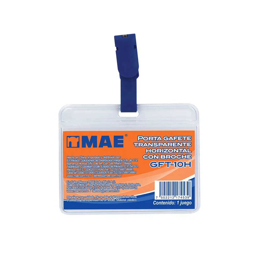 1pza Portagafete transparente horizontal mae con broche / gft-10h