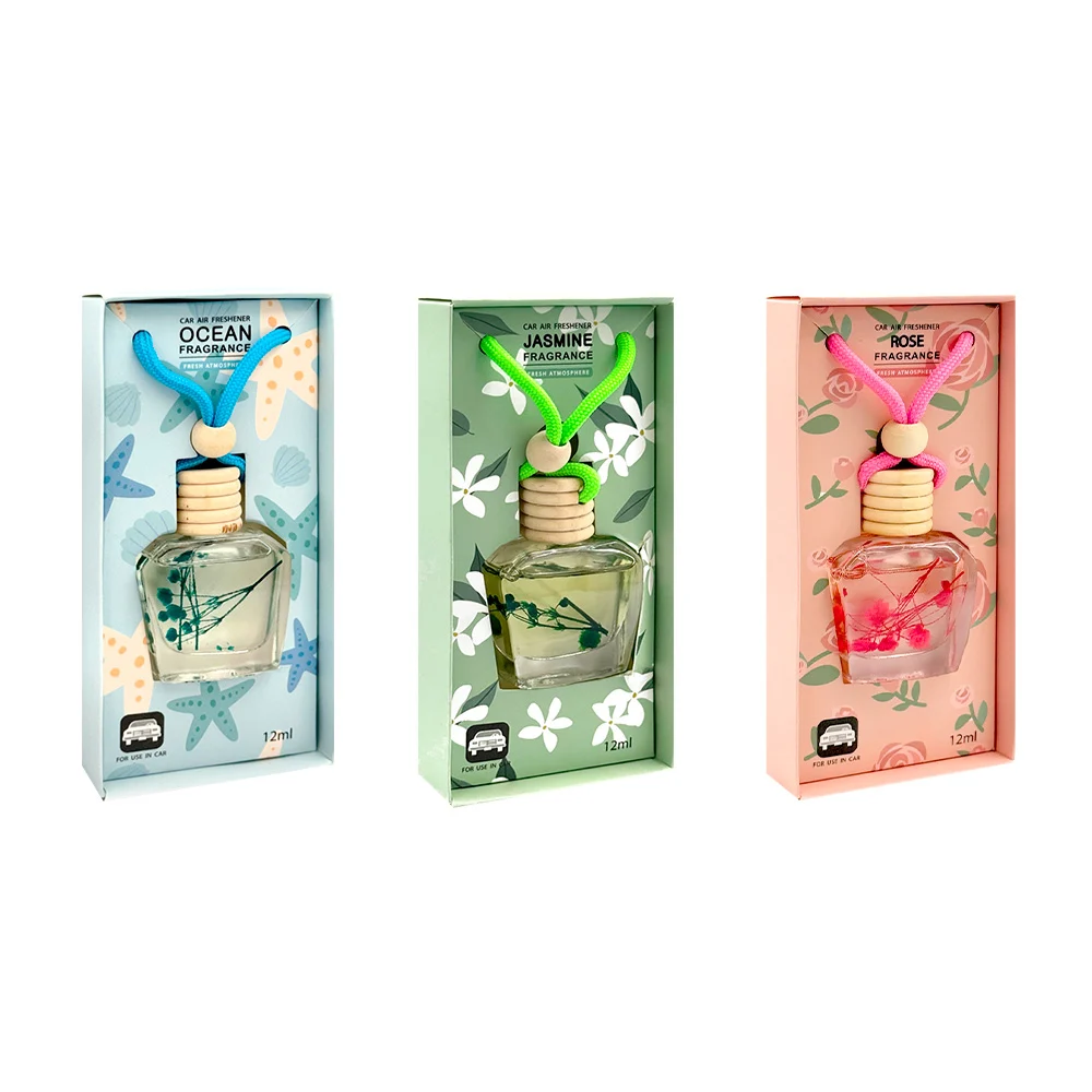 Frasco transparente aromatizante colgante de 12ml con fragancia y decoración de ramas + lazo tipo agujeta, para automóvil - carro, variedad de aromas y colores / gj0644 / car air freshener