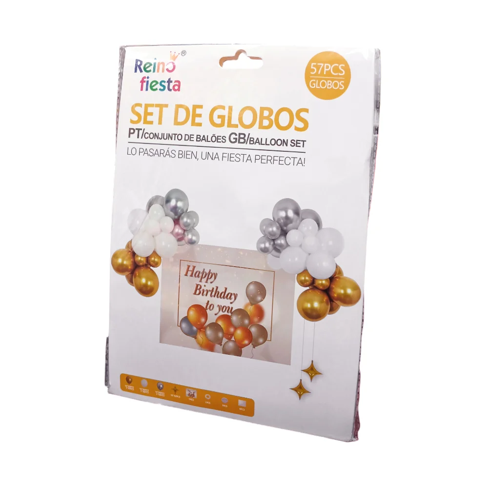 Kit decorativo de globos con 57pcs / 24 globos de 10", 24 globos de 5", 2 globos metálicos, poster de happy birthday to you, hilo, curly y 4 planillas de pegatinas de globos / reino fiesta / 60127