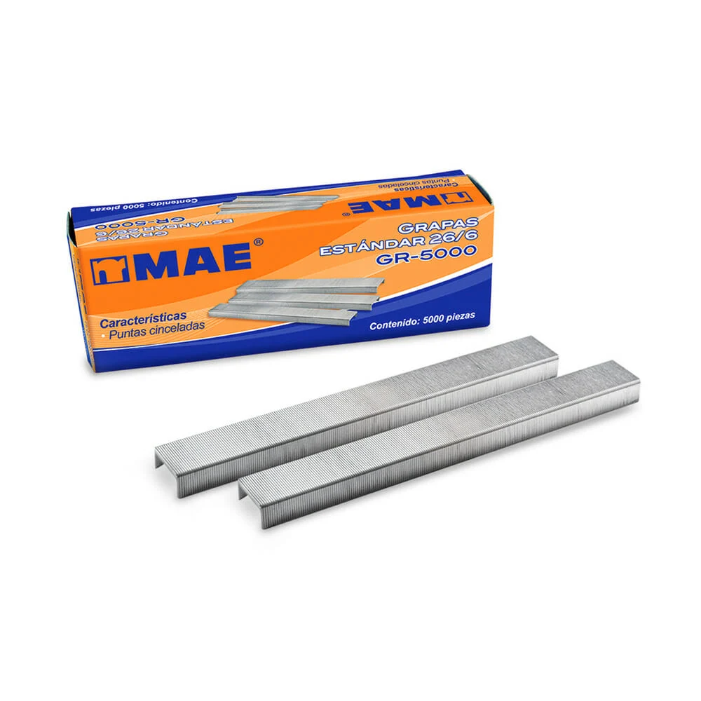 Caja con 5000 grapas de puntas cinceladas mae medida estándar 26/6