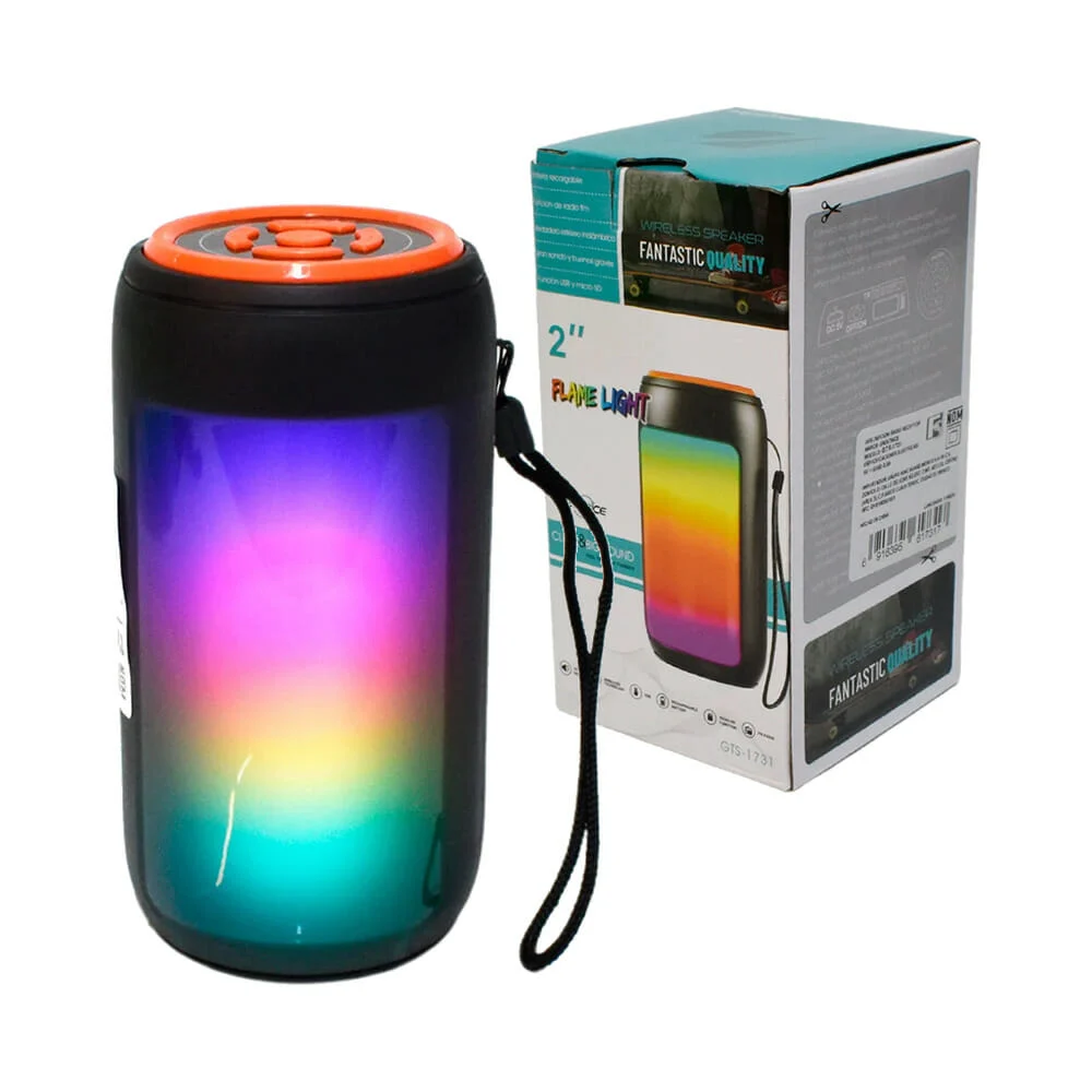 Bocina portátil bluetooth buytiti de forma cilíndrica con luces rgb y correa de mano / gts-1731