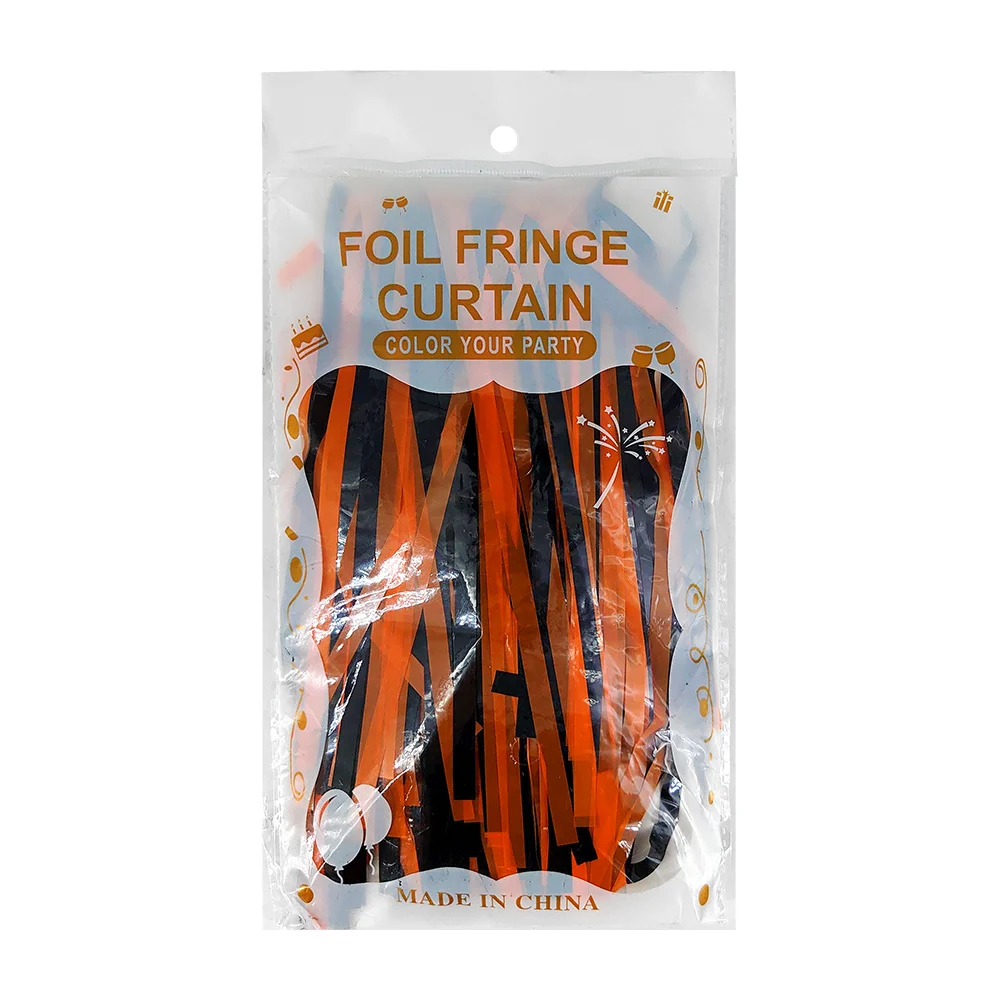 Cortina foil fringe curtain en color naranja con negro para fiesta de halloween / 097174