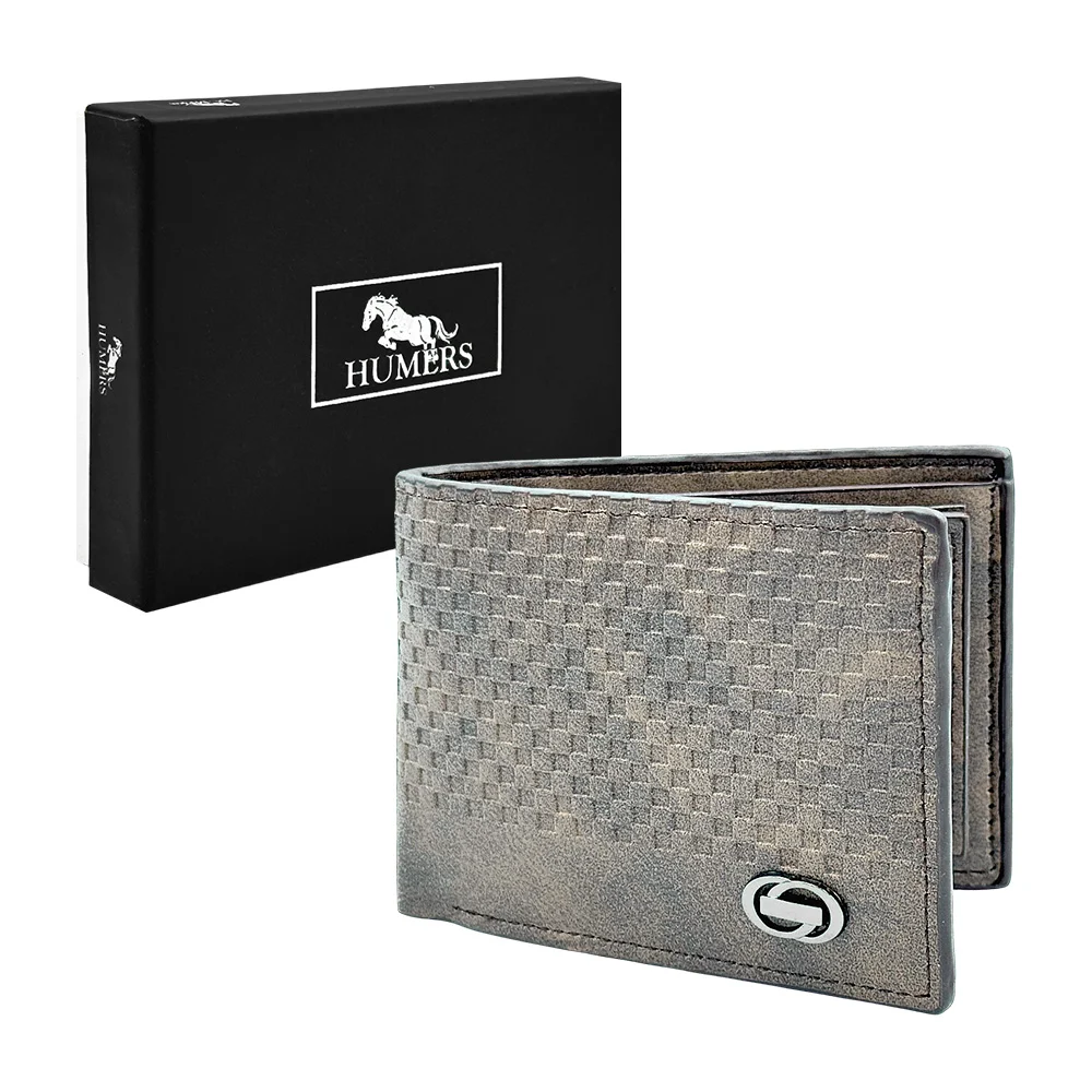 Cartera para caballero de piel sintética con múltiples compartimentos relieve de cuadros y placa decorativa pequeña, variedad de colores / h2999cafeg / h2999
