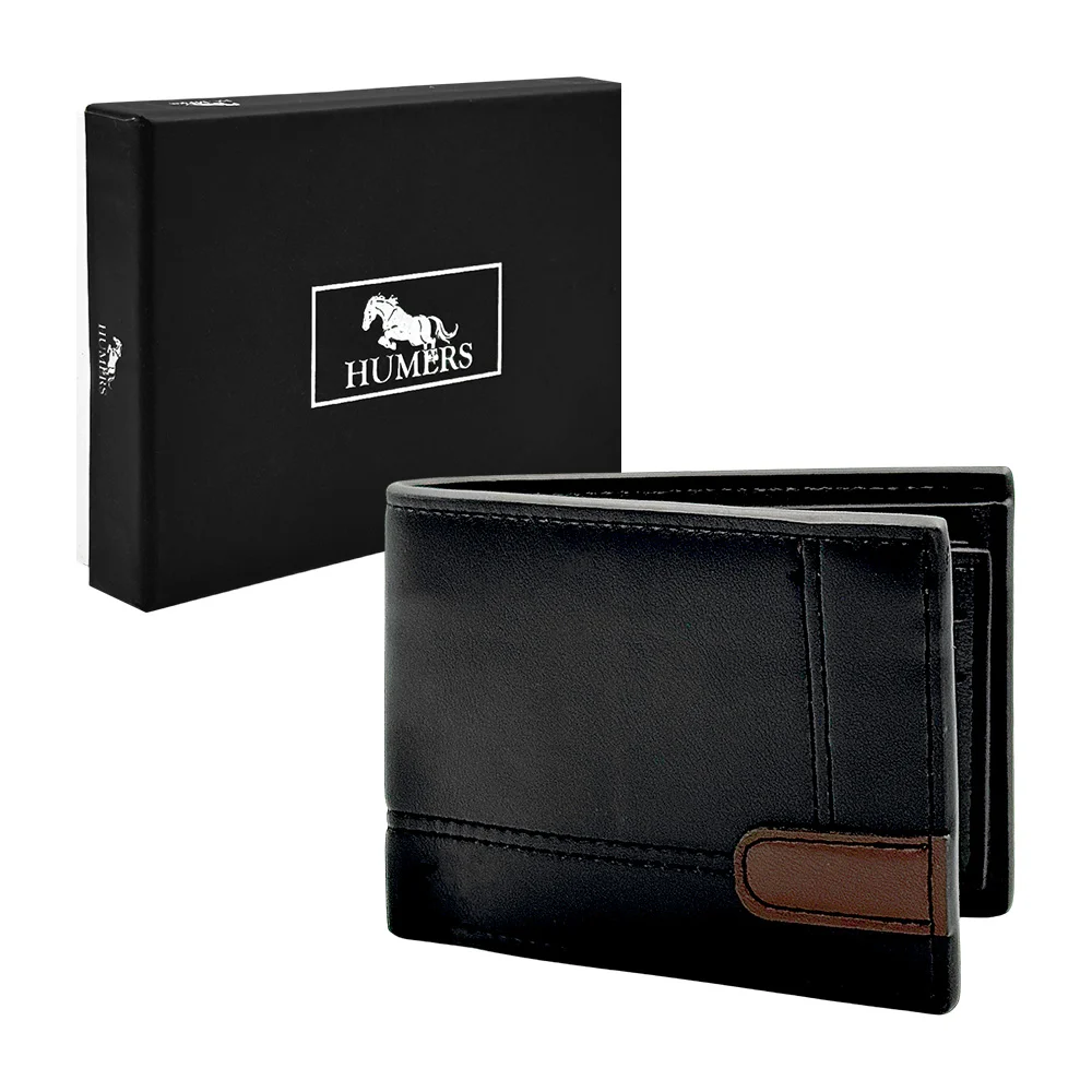 Cartera - billetera humers para caballero de piel sintética diseño de líneas cosidas, en color negro / h4301
